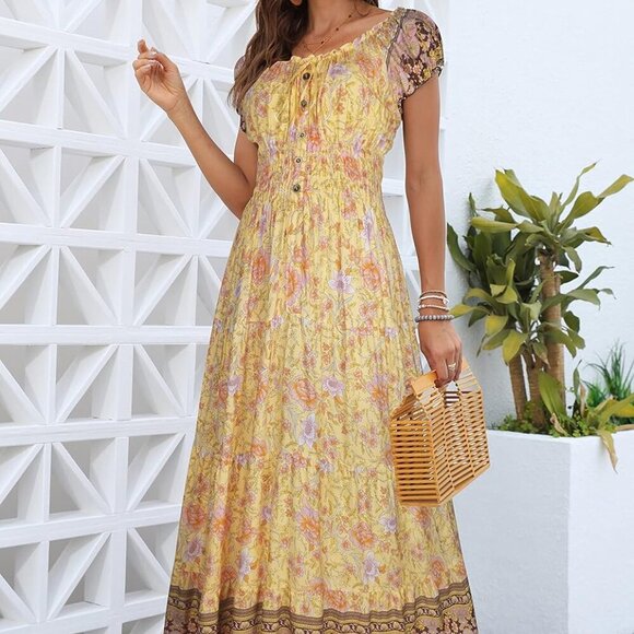 Women's 2025 Summer Short Sleeves Boho Floral Print Tiered Casual Flowy Long Max - Picture 3 of 5